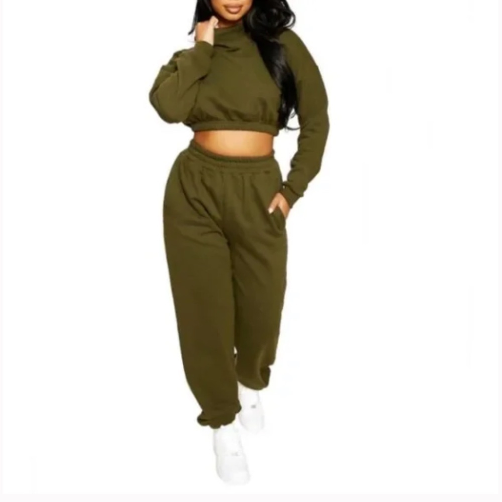 NAKED WARDROBE Casual Comfy Lounge Wear Olive Green Cropped Hoodie + Jogger Set